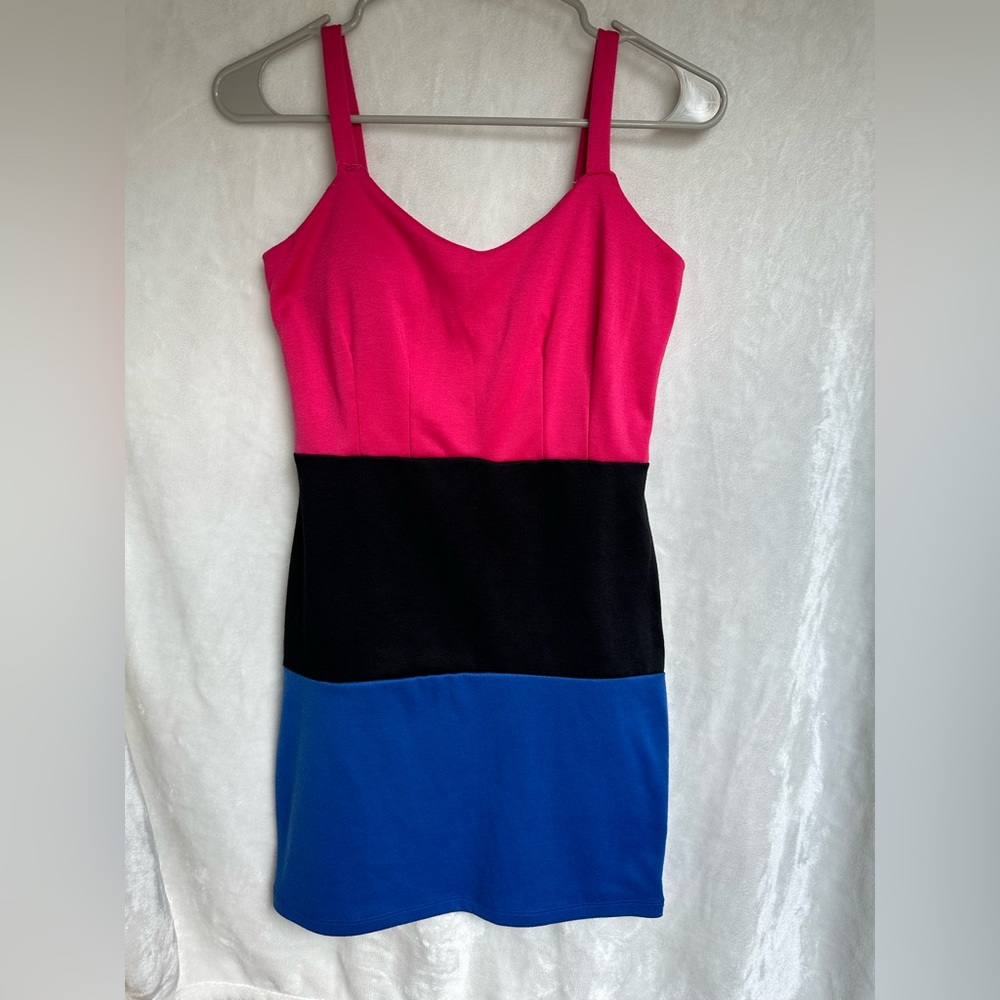 Color Block Bodycon Dress Pink Black Blue | Strappy Mini Dress | Size M